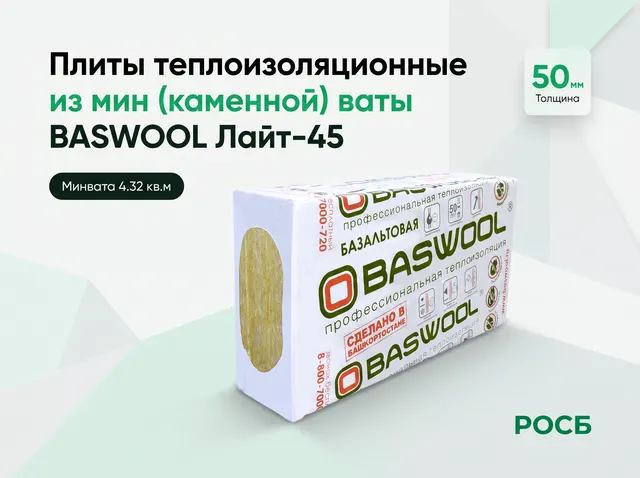 Плиты теплоизоляционные из мин (каменной) ваты BASWOOL Лайт-45 (1200*600*50 мм) 4,32 кв.м., 