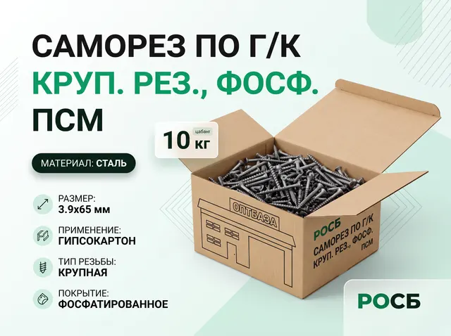 3.9х65 (10кг) Саморез по г/к КРУП. рез., фосф. ПСМ